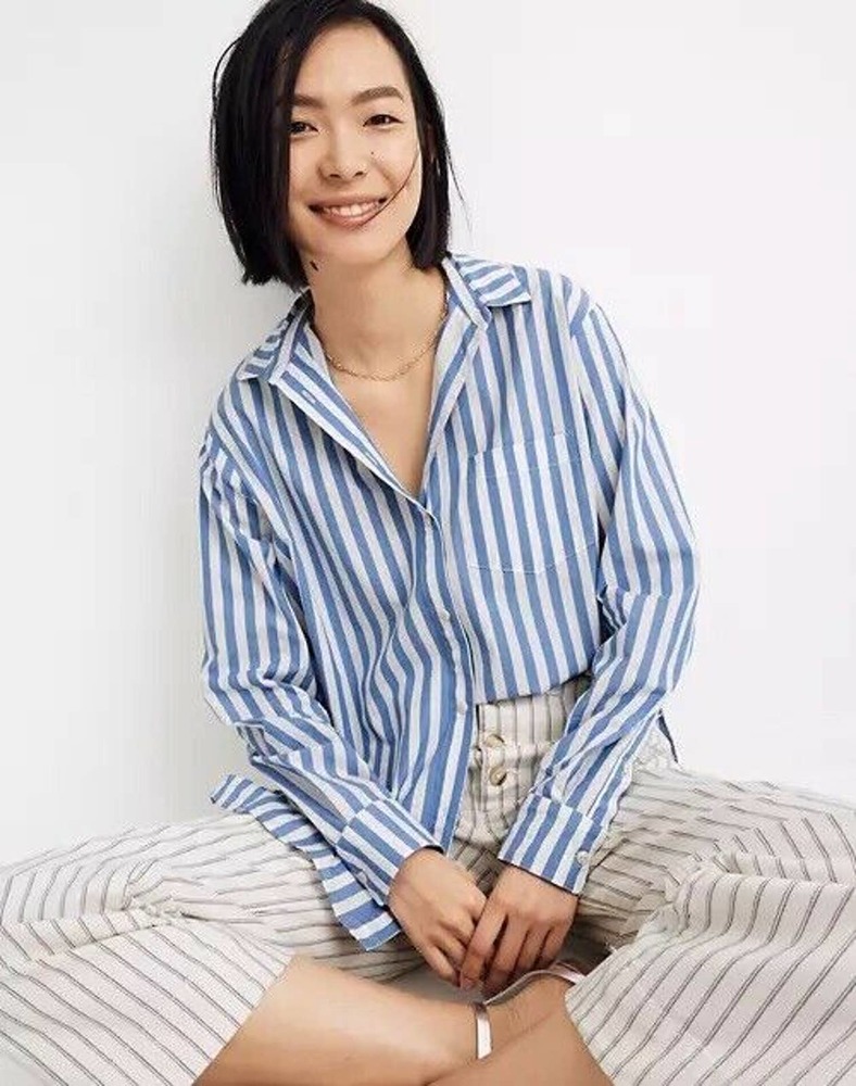 Madewell Oversized Ex-Boyfriend Shirt Mullins Stripe Blue White Womens Medium